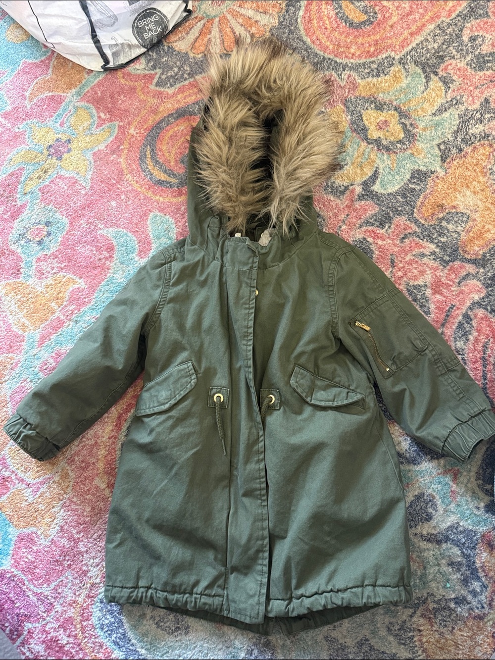 GAP Toddler Olive Green Hooded Puffer Parka with removable liner & faux Fur Trim